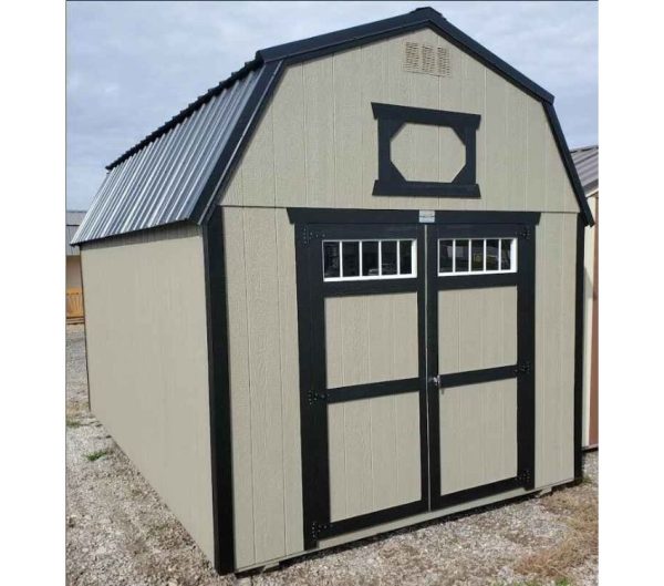 10x16 Lofted Barn Shed, black metal roof, clay walls, black trim, 7ft walls, double barn doors with windows, two 4ft lofts.