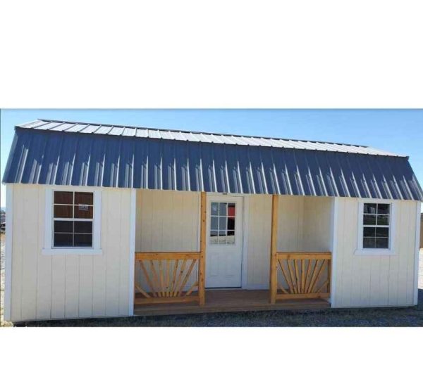 12x24 Side Porch Lofted Barn, 12ft wide porch, two 4ft lofts, two 2x3 windows. 7ft tall walls, Charcoal metal roof, Navajo walls, Barn white trim.