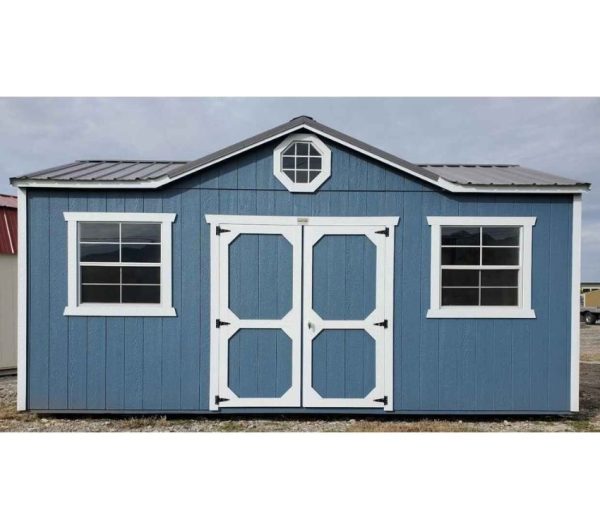 10x20 Side utility gable shed, 8ft walls, charcoal metal roof, sky blue walls, barn white trim, two 3x3 windows, octagon window, double barn doors.