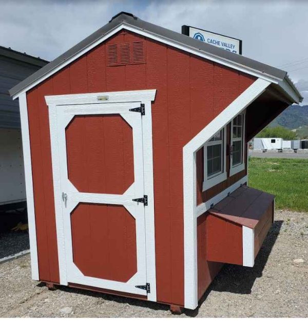 6 x 8 chicken coop, roof measurement is 9ft x 8ft, 6ft 3in standard wall, single barn door, two 24" x 27" windows, roosting ladder, nesting boxes, chicken entry/exit door, metal charcoal roof, main color rustic red, trim color barn white.