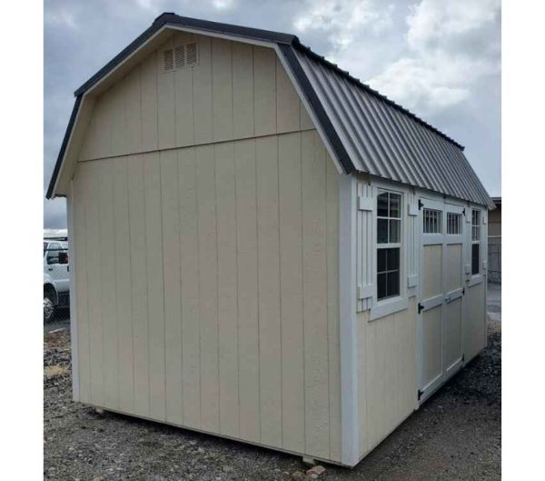 10x16 side lofted barn, charcoal metal roof, main color eaglet beige, trim barn white, 6in roof overhang, double barn doors with windows, two 2x3 windows with shutters, two 4ft lofts, 60psf snow load.