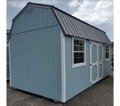 10x20 side lofted barn, charcoal metal roof, main color breezy, trim barn white, three 3x3 windows, double barn doors, two 4ft lofts, workbench, 60psf snow load.