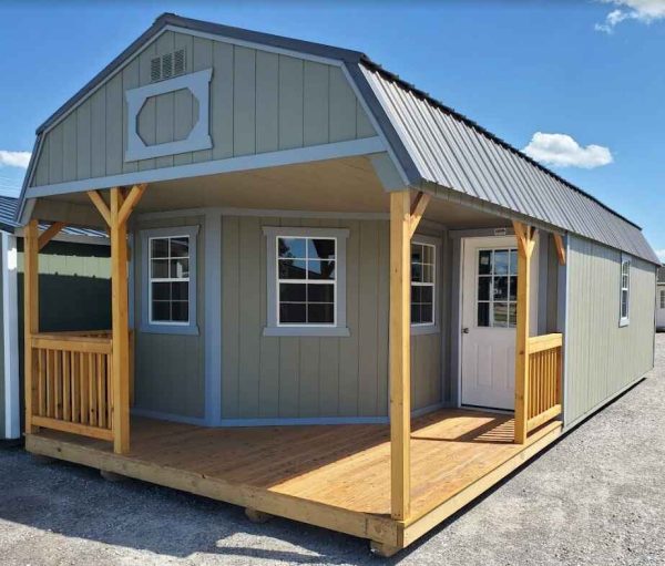 14x36 deluxe playhouse lofted barn, charcoal metal roof, smart panel siding clay color, steely gray trim, wrap around porch on end, 20ft of loft.