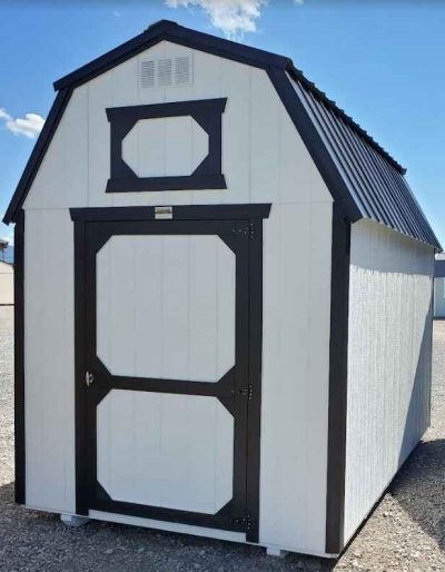 8x12 Lofted barn, black metal roof, barn white walls, black trim, single barn door, two 4ft lofts, 7ft tall walls, 5/8 tongue & groove wood floor, 4x6 pressure treated skids.