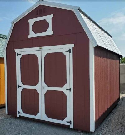 10x12 lofted barn, 7ft walls, silver metal roof, pinnacle red walls, barn white trim, double barn doors, 7ft tall walls, two 4ft lofts, wooden floor, 60lb snow load, engineer certified.