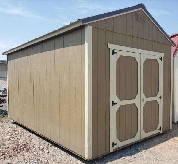 10x16 utility shed, burnished slate metal roof, buckskin walls, beige trim, smart panel siding, double barn doors, 8ft tall walls, wood floor, engineer certified.