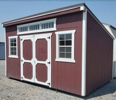 10x16 single slope shed, double barn doors, 3 transom windows, two 2x3 windows, burnished slate metal roof, pinnacle red walls, barn white trim, wood floor, 30psf snow load, engineer certified.