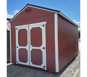 10x16 utility shed, black metal roof, rustic red walls, barn white trim, double barn doors, 8ft tall walls, 5/8 tongue & groove plywood floor, engineer certified.