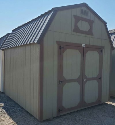 10X12 lofted barn, burnished slate metal roof, clay walls, brown trim, 7ft tall walls, double barn doors, two 4ft lofts, 5/8 tongue & groove plywood floor, 60lb snow load, engineer certified.