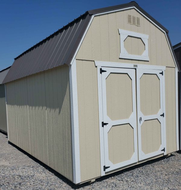 10x16 lofted barn, burnished slate metal roof, crewel tan walls, barn white trim, 7ft tall walls, double barn doors, two 4ft lofts, 5/8 tongue & groove plywood floor, 60lb snow load, engineer certified.