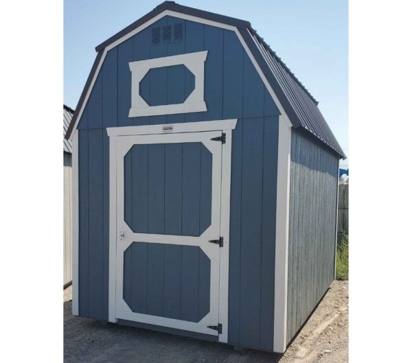 8x12 lofted barn shed, burnished slate metal roof, smokey blue walls, barn white trim, 7ft tall wall, two 4ft lofts, 5/8 tongue & groove plywood floor, 60lb snow load, engineer certified.