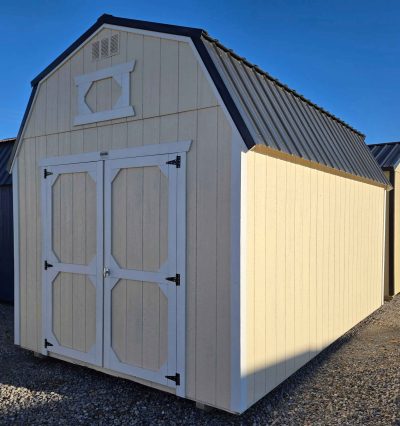 10x16 lofted barn, black metal roof, eaglet beige walls, barn white trim, 7ft tall walls, double barn doors, two 4ft lofts, 5/8 tongue & groove plywood floor, 60psf snow load, engineer certified.