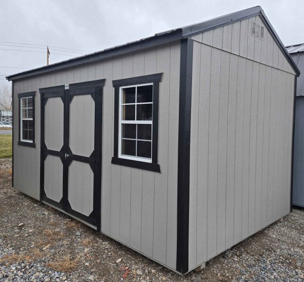 10x16 Side Utility, black metal roof, pewter cast walls, tricorn black trim, 8ft tall walls, double barn doors, two 2x3 windows, 60psf snow load, engineer certified.