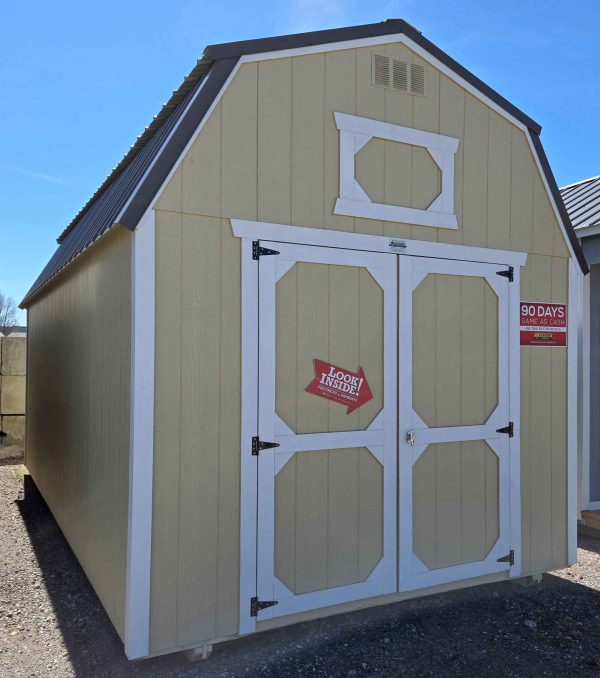 10x20 lofted barn, 7ft tall walls, burnished slate metal roof, crewel tan walls, barn white trim, double barn doors, two 4ft lofts, wooden floor, 60lb snow load, engineer certified.