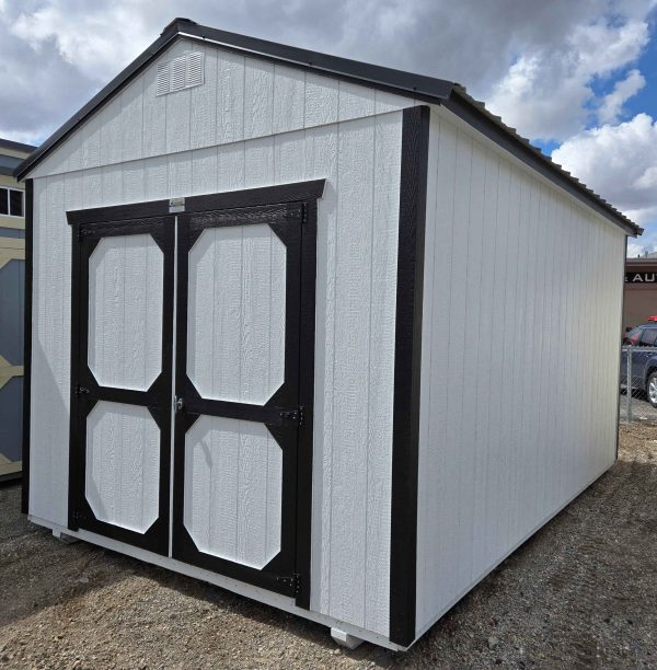 10x16 utility shed, black metal roof, barn white walls, tricorn black trim, 8ft tall walls, double barn doors, wood floor, 60lb snow load, engineer certified.