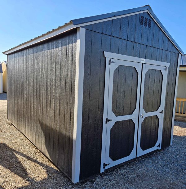 10x16 utility shed, 8ft tall wall, black metal roof, smart panel siding, walls tricorn black, trim pewter cast, double barn doors, wood floor, 60lb snow load, engineer certified.