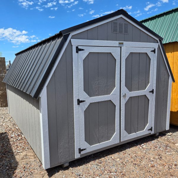 10x12 barn shed, black metal roof, pewter cast walls, barn white trim, 4ft walls, double barn doors, wood floor, 30lb snow load, engineer certified.