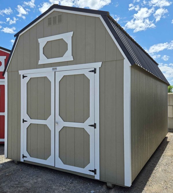 10x20 lofted barn shed, black metal roof, rosemary green walls, barn white trim, 7ft walls, two 4ft lofts, wood floor, 60lb snow load, engineer certified.