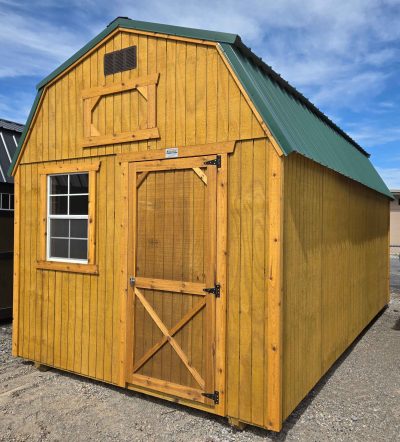 10x20 lofted barn shed, hunter green metal roof, pressure treated water sealed siding, 7ft walls, single barn door, white 2x3 window, two 4ft lofts, wood floor, 60lb snow load, engineer certified.