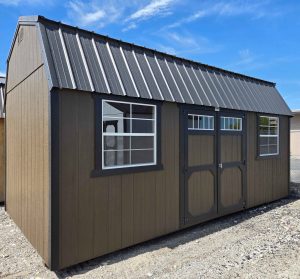 10x20 Side Lofted Barn, black metal roof, dark clove walls, black trim, 7ft tall walls, double barn doors with windows, two 3'x3' windows, two 4ft lofts, wooden floor, 60lb snow load, engineer certified.