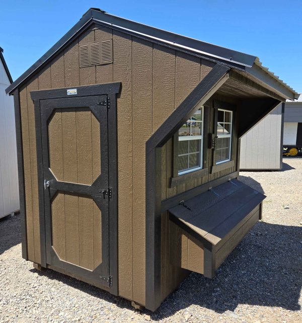 6x8 chicken coop, 6'3" walls, black metal roof, dark clove walls, tricorn black trim, single barn door, roosting ladder, nesting boxes, entry/exit chicken door.