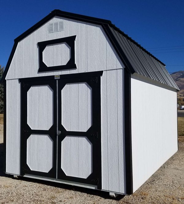 10x16 lofted barn, black metal roof, barn white walls, tricorn black trim, 7ft walls, double barn doors, two 4ft lofts, wood floor, 60lb snow load, engineer certified.