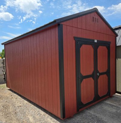 10x16 utility shed, black metal roof, rustic red walls, tricorn black trim, 8ft walls, double barn doors, wood floor, 60lb snow load, engineer certified.