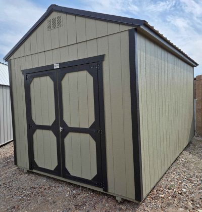 10x16 Utility shed, black metal roof, rosemary green walls, tricorn black trim, 8ft walls, locking double barn doors, wood floor, 60lb snow load, engineer certified.