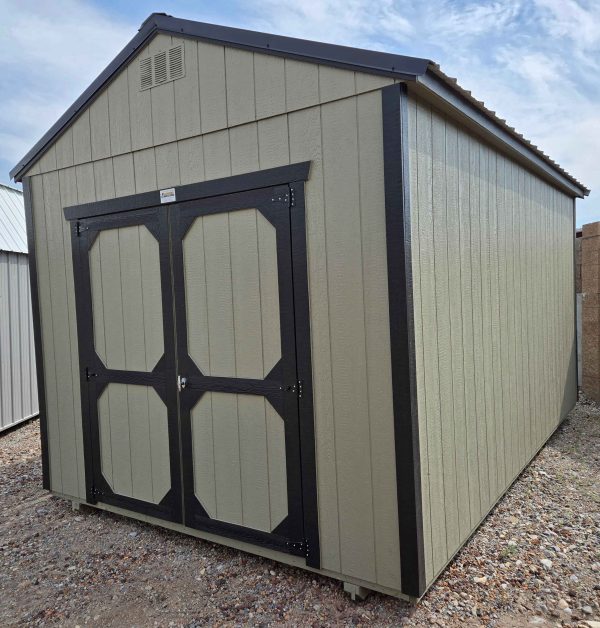 10x16 Utility shed, black metal roof, rosemary green walls, tricorn black trim, 8ft walls, locking double barn doors, wood floor, 60lb snow load, engineer certified.
