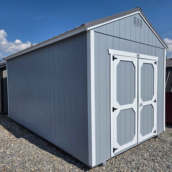 10x16 utility shed, charcoal metal roof, steely gray walls, barn white trim, 8ft tall walls, double barn doors, wood floor, 60lb snow load, engineer certified.