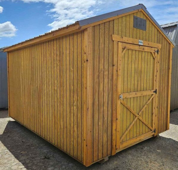 8X12 utility shed, charcoal metal roof, 6ft 3in walls, pressure treated siding, water sealed, single barn door, wooden floor, 60lb snow load, engineer certified.