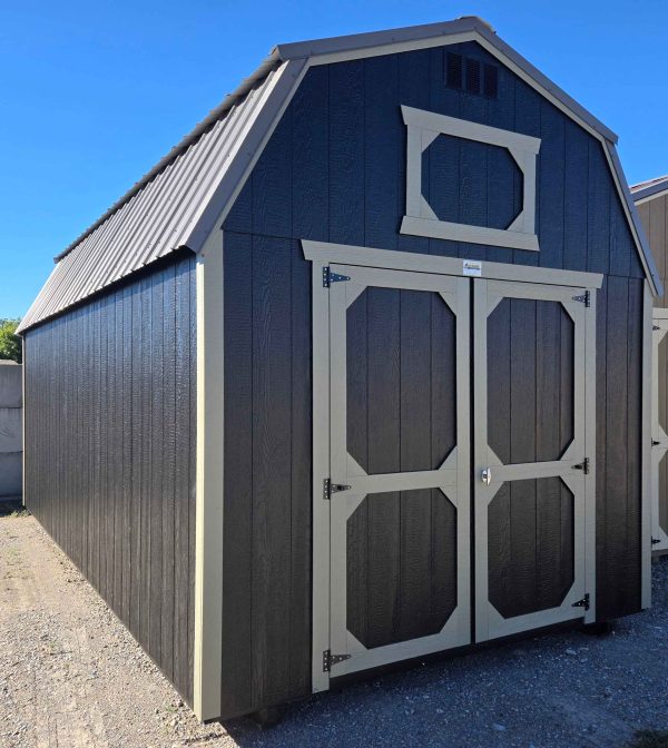 10x20 lofted barn shed, charcoal metal roof, tricorn black walls, crewel tan trim, 7ft walls, double barn doors, two 4ft lofts, wooden floor, 60lb snow load, engineer certified.