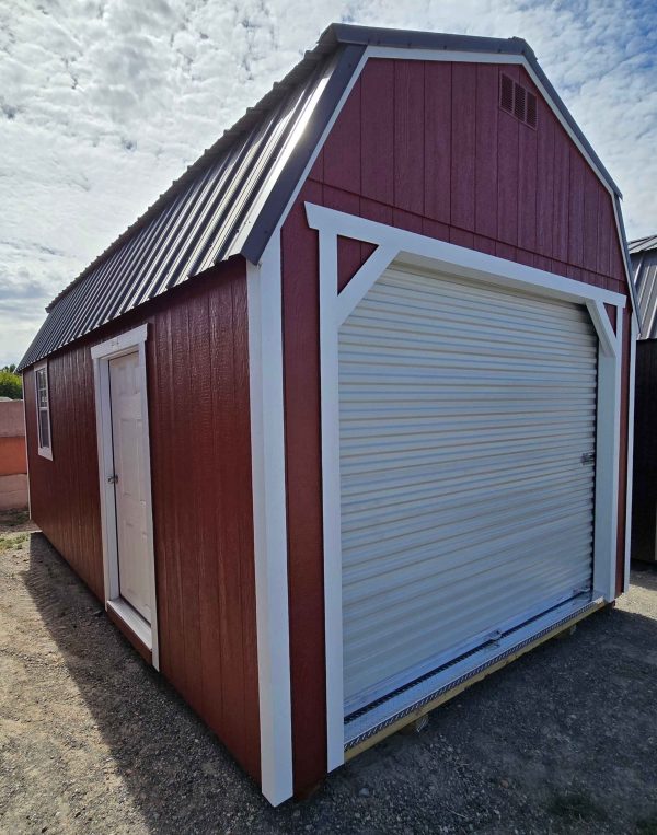 12x20 lofted garage shed, burnished slate metal roof, rustic red walls, barn white trim, 7ft walls, two 4ft lofts, garage package, wooden floor, 60lb snow load, engineer certified.