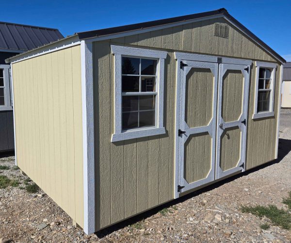 10x16 side gable shed, 7ft walls, double barn doors, two 2x3 windows, burnished slate metal roof, crewel tan walls, barn white trim, wooden floor, 60lb snow load.