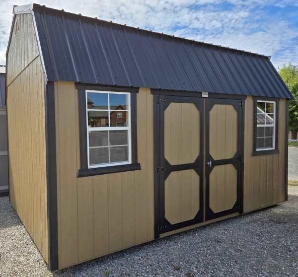 10x16 side lofted barn shed, black metal roof, thatch brown walls, tricorn black trim, 7ft walls, double barn doors, two 2' x 3' windows, two 4ft lofts, wooden floor, 60lb snow load, engineer certified.