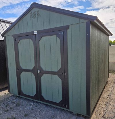 10x12 utility shed, black metal roof, rosemary green walls, tricorn black trim, 7ft walls, double barn doors, wooden floor, 60lb snow load, engineer certified.