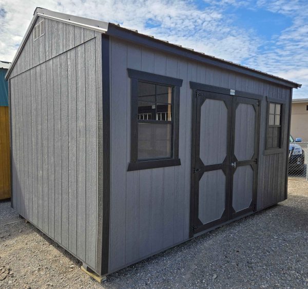 10x16 side utility shed, black metal roof, peppercorn walls, tricorn black trim, 8ft tall walls, double barn doors, two 2' x 3' windows, wooden floor, 60lb snow load, engineer certified.