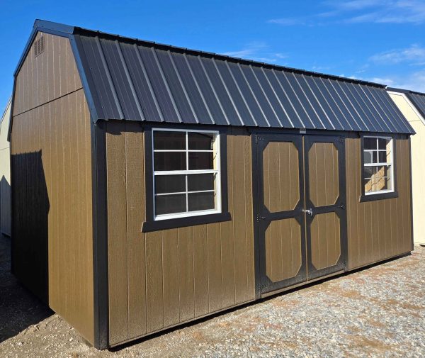 10x20 side lofted barn, black metal roof, dark clove walls, tricorn black trim, 7ft walls, double barn doors, two 3x3 windows, two 4ft lofts, 60lb snow load, engineer certified.