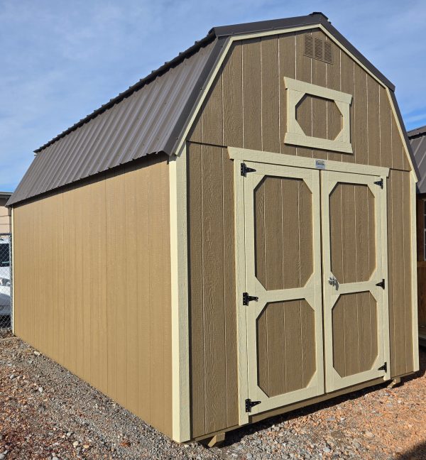 10x16 lofted barn shed, burnished slate metal roof, thatch brown walls, crewel tan trim, 7ft tall walls, double barn doors, two 4ft lofts, wooden floor, 60lb snow load, engineer certified.