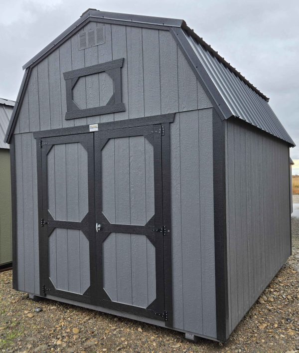 10x12 lofted barn shed, black metal roof, 7ft walls, double barn doors, peppercorn walls, tricorn black trim, two 4ft lofts, wood floor, 60lb snow load, engineer certified.