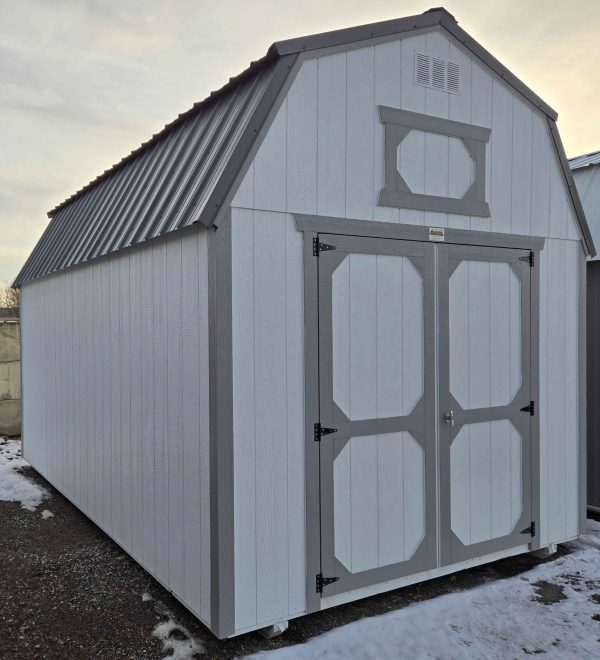 10x16 lofted barn shed, charcoal metal roof, barn white walls, gap gray trim, 7ft tall walls, double barn doors, two 4ft lofts, wooden floor, 60lb snow load, engineer certified.