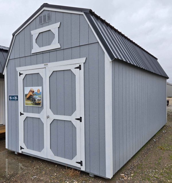 10x20 lofted barn shed, black metal roof, steely gray walls, barn white trim, 7ft walls, two 4ft lofts, double barn doors, 10ft shelving, wooden floor, 60lb snow load, engineer certified.