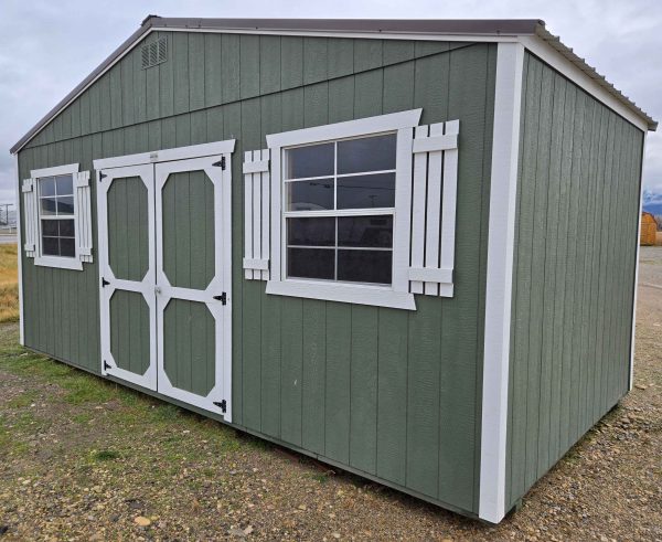 10x20 side gable shed, burnished slate metal roof, rosemary green walls, barn white trim, 7ft walls, double barn doors, two 3x3 windows with shutters, wood floor, 60lb snow load, engineer certified.