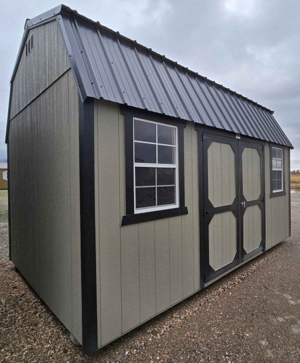 10x16 side lofted barn shed, black metal roof, hardware walls, tricorn black trim, 7ft walls, double barn doors, two 2' x 3' windows, two 4ft lofts, wooden floor, 60lb snow load, engineer certified.