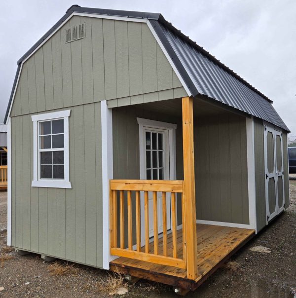 12x20 side porch lofted barn shed, black metal roof, hardware walls, barn white trim, 7ft walls, 8ft of loft, side porch package 2x3 windows, 9-lite house door, porch with railing, double barn doors, wooden floor, 60lb snow load, engineer certified.