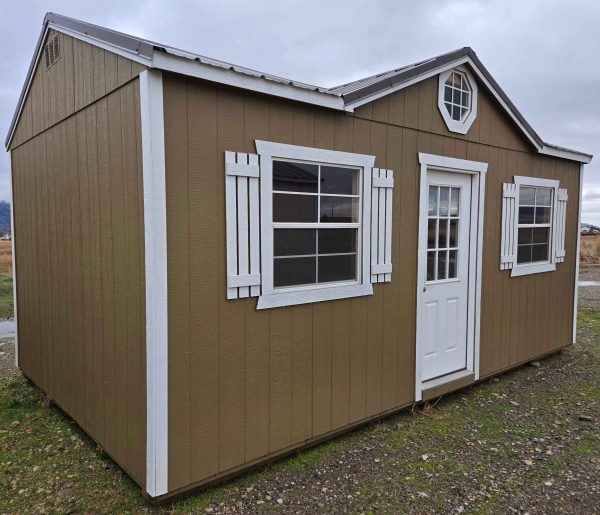 10x20 Side utility gable shed, 8ft walls, burnished slate metal roof, thatch brown walls, barn white trim, two 3x3 windows, with shutters, octagon window, 9-Lite house door, gable dormer package, wood floor, 60lb snow load, engineer certified.