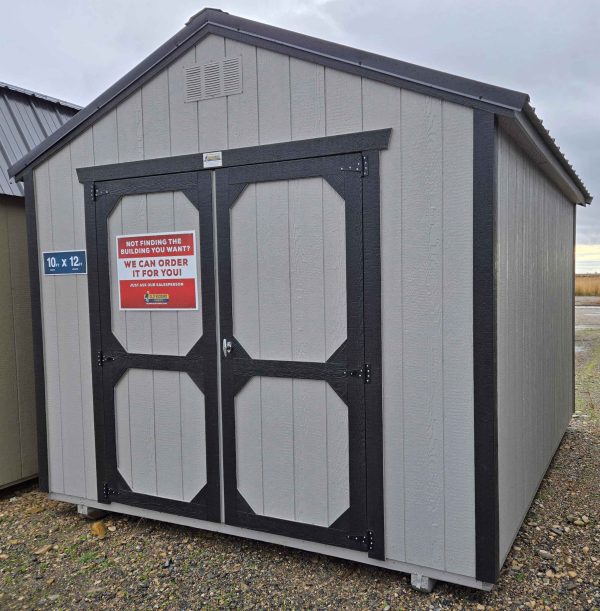 10x12 utility shed, black metal roof, pewter cast walls, tricorn black trim, 7ft walls, double barn doors, wood floor, 60lb snow load, engineer certified.
