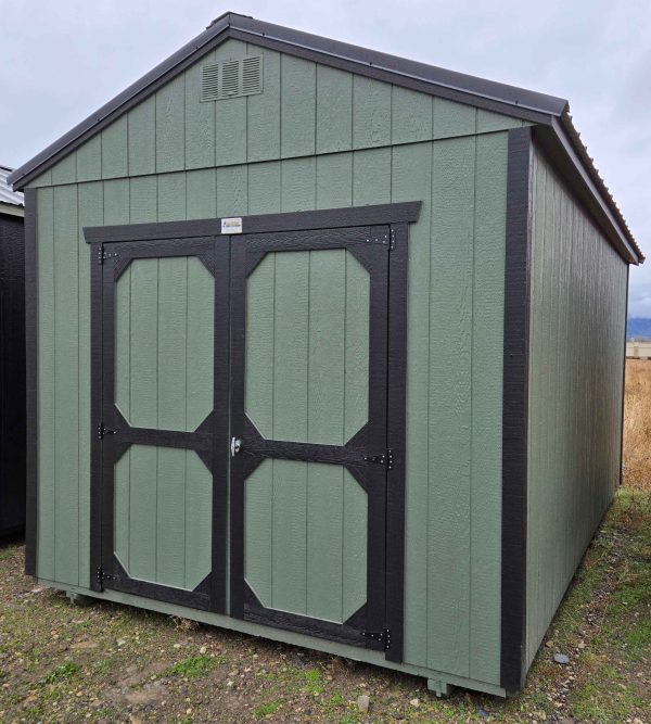 10x16 utility shed, black metal roof, rosemary green walls, tricorn black trim, 8ft tall walls, wooden floor, 60lb snow load, engineer certified.