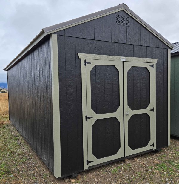 10x20 utility shed, burnished slate metal roof, tricorn black walls, crewel tan trim, 8ft tall walls, wooden floor, 60lb snow load, engineer certified.