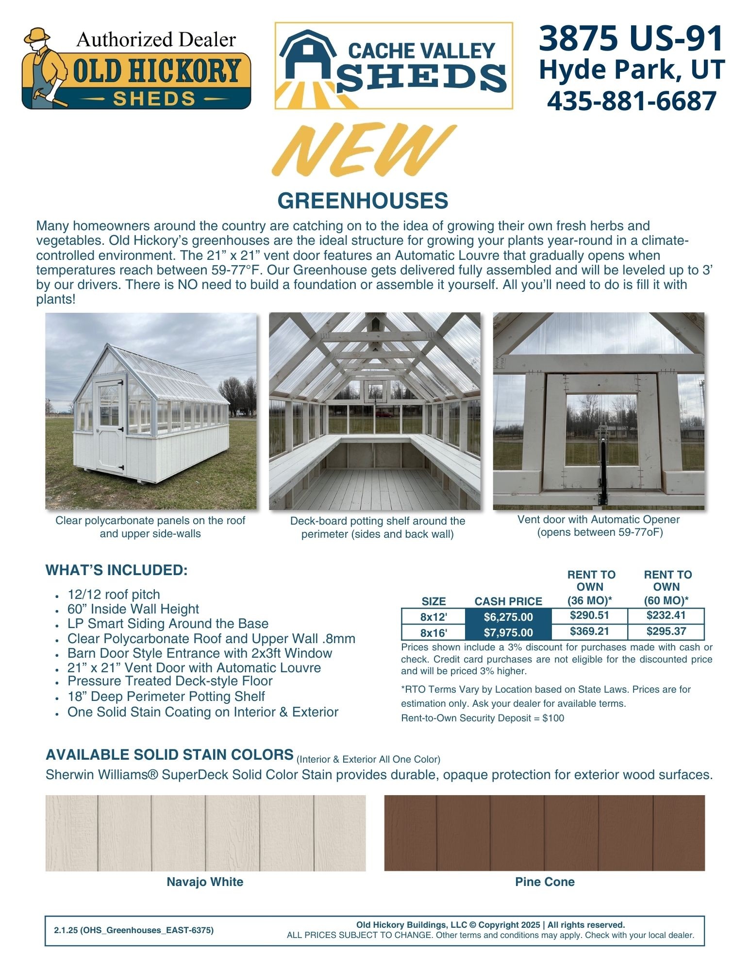 Greenhouse downloadable price guide for 8x12 & 8x16 sizes.